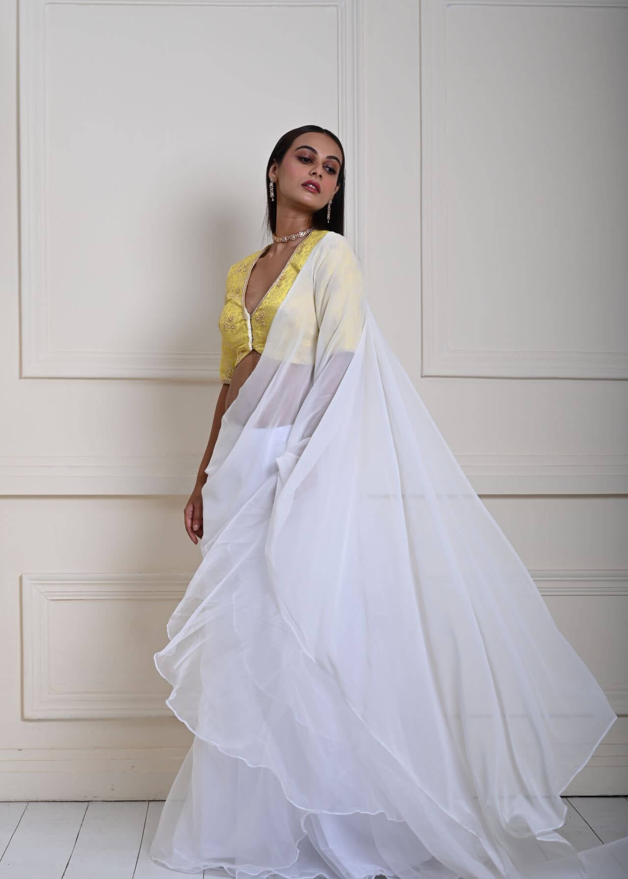 White Pre-Draped Ruffle Saree with Lemon Yellow Brocade Blouse| Ready-to-Wear Saree | Indian Ethnic Wear | Indian Fashion