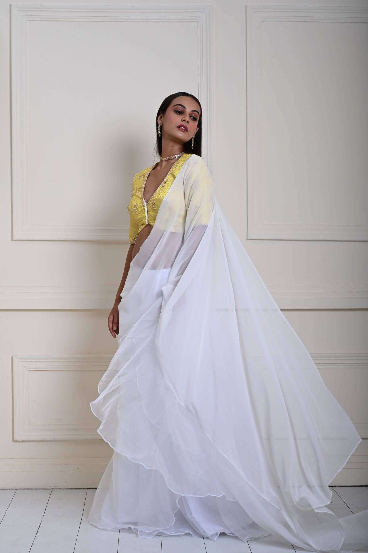 White Pre-Draped Ruffle Saree with Lemon Yellow Brocade Blouse| Ready-to-Wear Saree | Indian Ethnic Wear | Indian Fashion