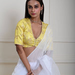 White Pre-Draped Ruffle Saree with Lemon Yellow Brocade Blouse| Ready-to-Wear Saree | Indian Ethnic Wear | Indian Fashion