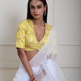 White Pre-Draped Ruffle Saree with Lemon Yellow Brocade Blouse| Ready-to-Wear Saree | Indian Ethnic Wear | Indian Fashion