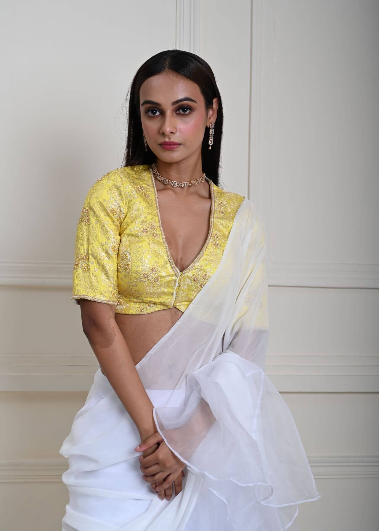 White Saree with Yellow Blouse