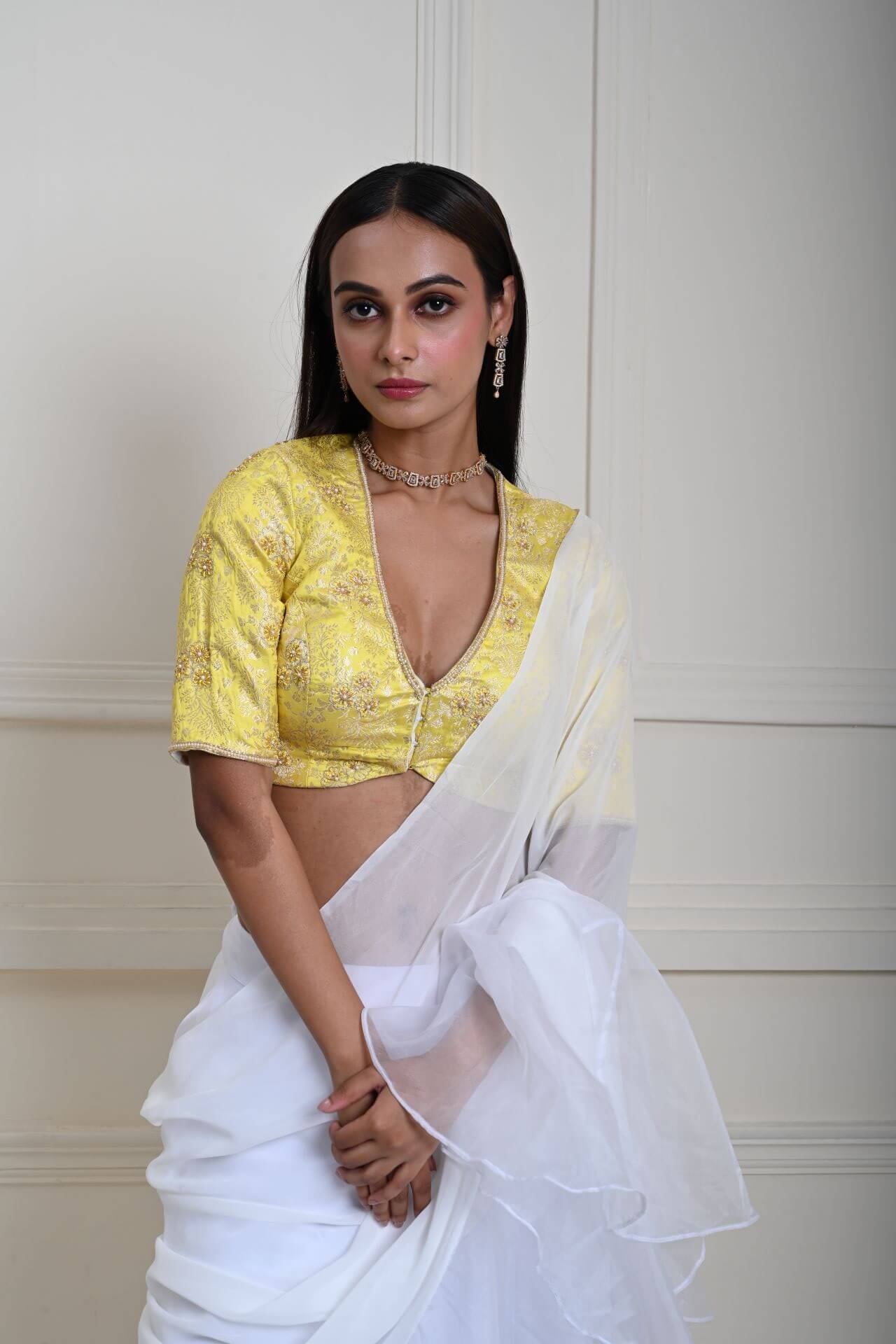 White Pre-Draped Ruffle Saree with Lemon Yellow Brocade Blouse| Ready-to-Wear Saree | Indian Ethnic Wear | Indian Fashion