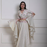 Ivory Silk Tissue Lehenga Set with Ruffle Dupatta, Hand-Embroidered Lehenga, Indian Bridal Wear