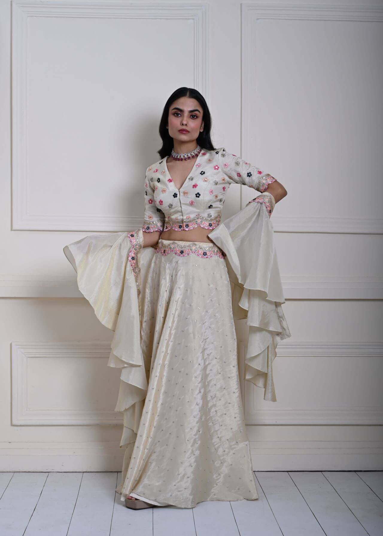 Ivory Silk Tissue Lehenga Set with Ruffle Dupatta, Hand-Embroidered Lehenga, Indian Bridal Wear