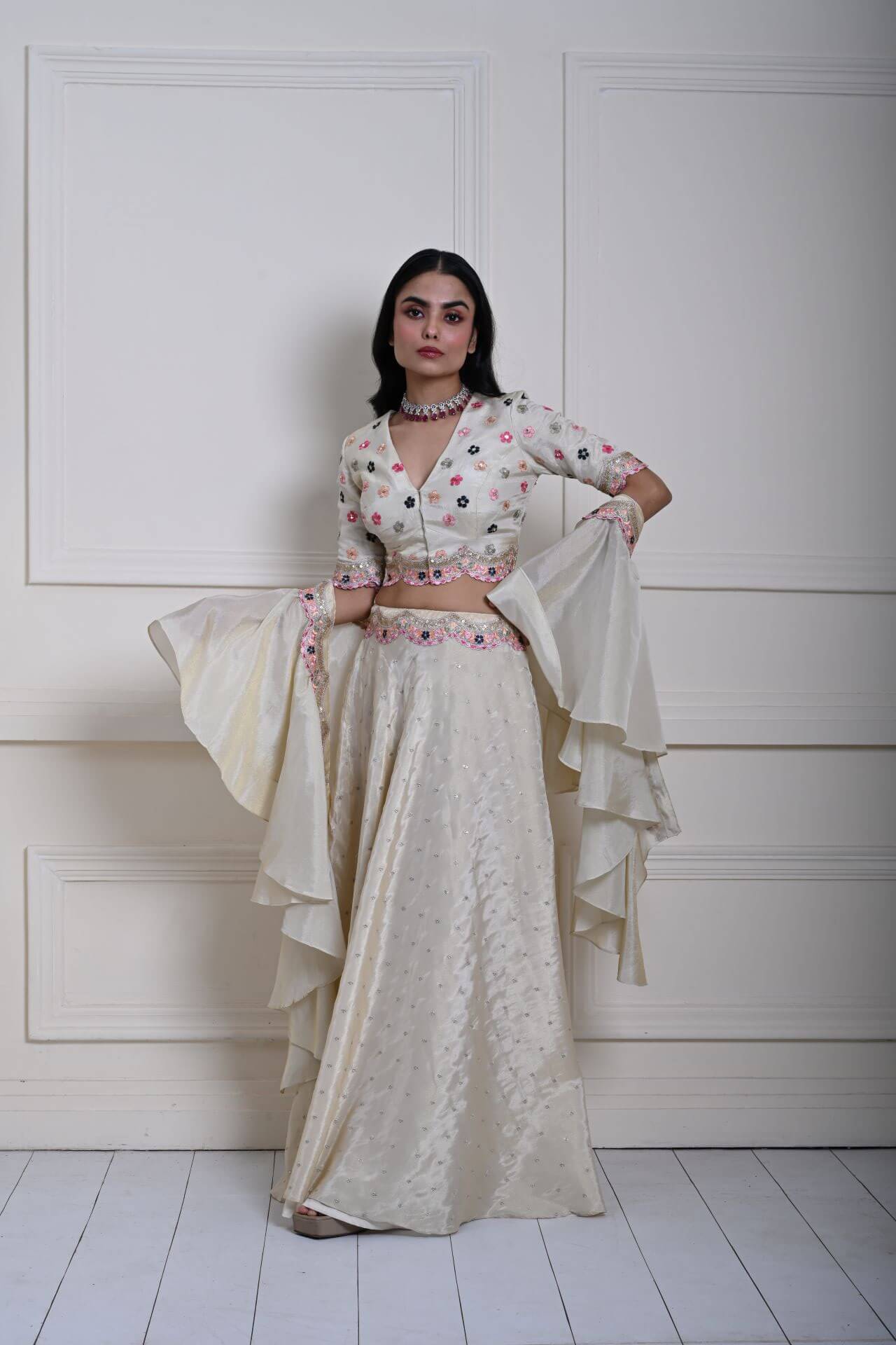 Ivory Silk Tissue Lehenga Set with Ruffle Dupatta, Hand-Embroidered Lehenga, Indian Bridal Wear