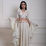 Ivory Silk Tissue Lehenga Set with Ruffle Dupatta, Hand-Embroidered Lehenga, Indian Bridal Wear