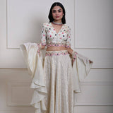 Ivory Silk Tissue Lehenga Set with Ruffle Dupatta, Hand-Embroidered Lehenga, Indian Bridal Wear