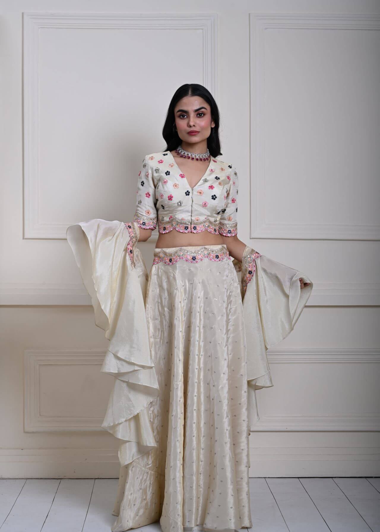 Ivory Silk Tissue Lehenga Set with Ruffle Dupatta, Hand-Embroidered Lehenga, Indian Bridal Wear