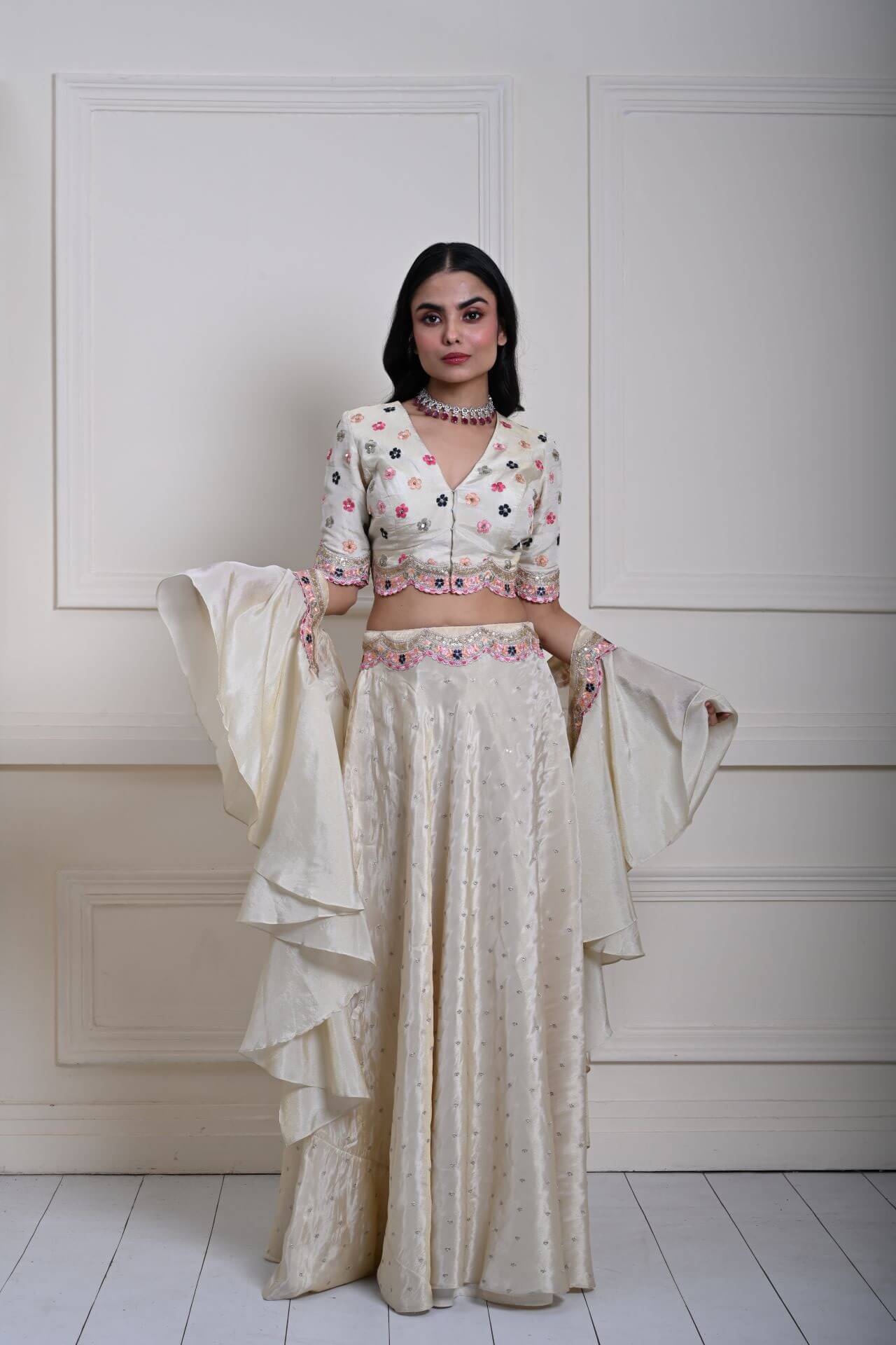 Ivory Silk Tissue Lehenga Set with Ruffle Dupatta, Hand-Embroidered Lehenga, Indian Bridal Wear