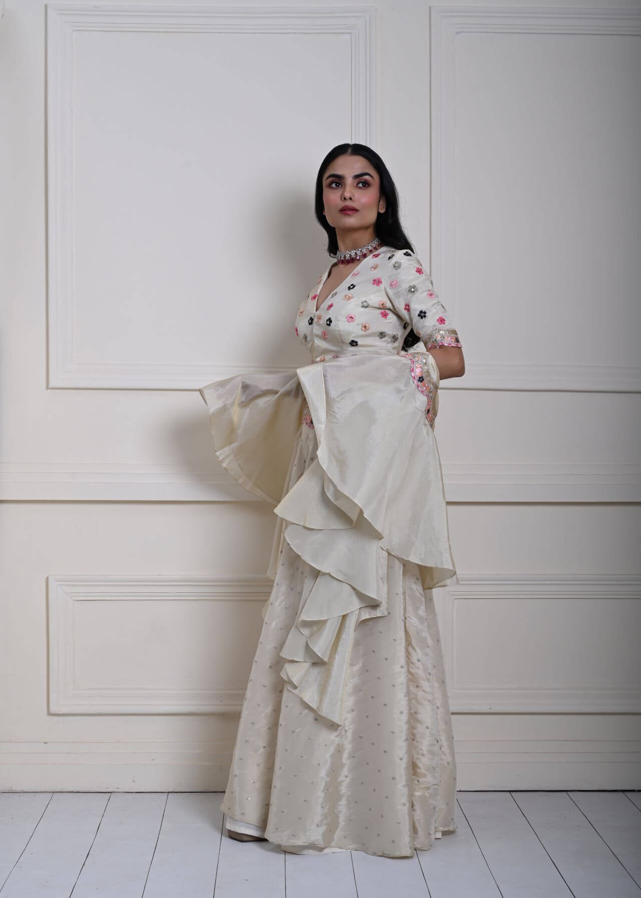 Ivory Silk Tissue Lehenga Set with Ruffle Dupatta, Hand-Embroidered Lehenga, Indian Bridal Wear