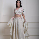 Ivory Silk Tissue Lehenga Set with Ruffle Dupatta, Hand-Embroidered Lehenga, Indian Bridal Wear