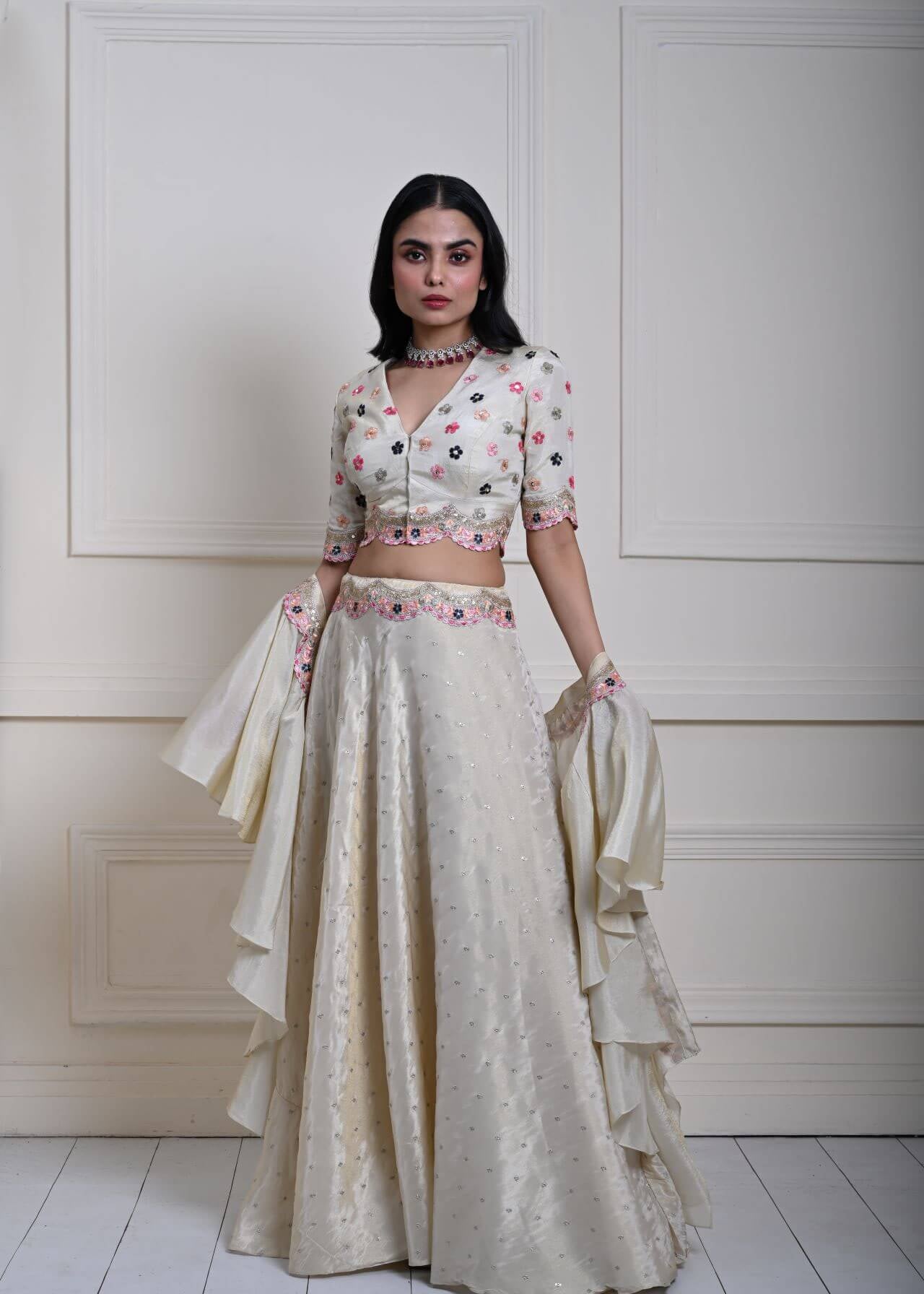 Ivory Silk Tissue Lehenga Set with Ruffle Dupatta, Hand-Embroidered Lehenga, Indian Bridal Wear