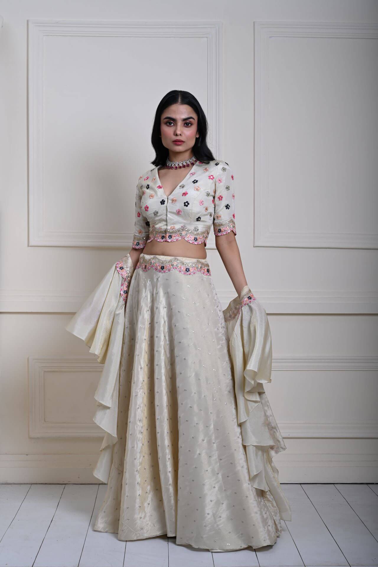 Ivory Silk Tissue Lehenga Set with Ruffle Dupatta, Hand-Embroidered Lehenga, Indian Bridal Wear