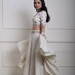 Ivory Silk Tissue Lehenga Set with Ruffle Dupatta, Hand-Embroidered Lehenga, Indian Bridal Wear