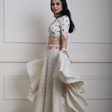 Ivory Silk Tissue Lehenga Set with Ruffle Dupatta, Hand-Embroidered Lehenga, Indian Bridal Wear