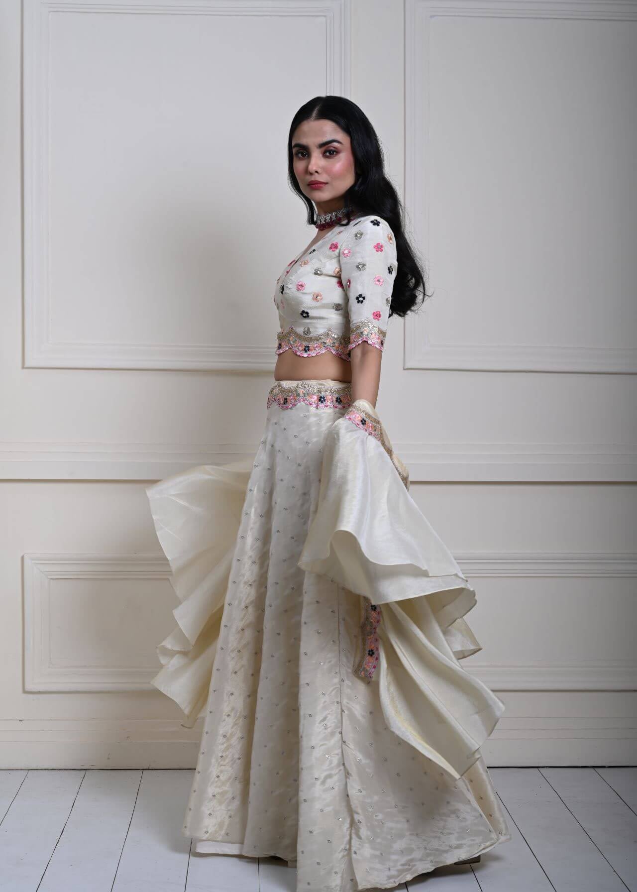 Ivory Silk Tissue Lehenga Set with Ruffle Dupatta, Hand-Embroidered Lehenga, Indian Bridal Wear