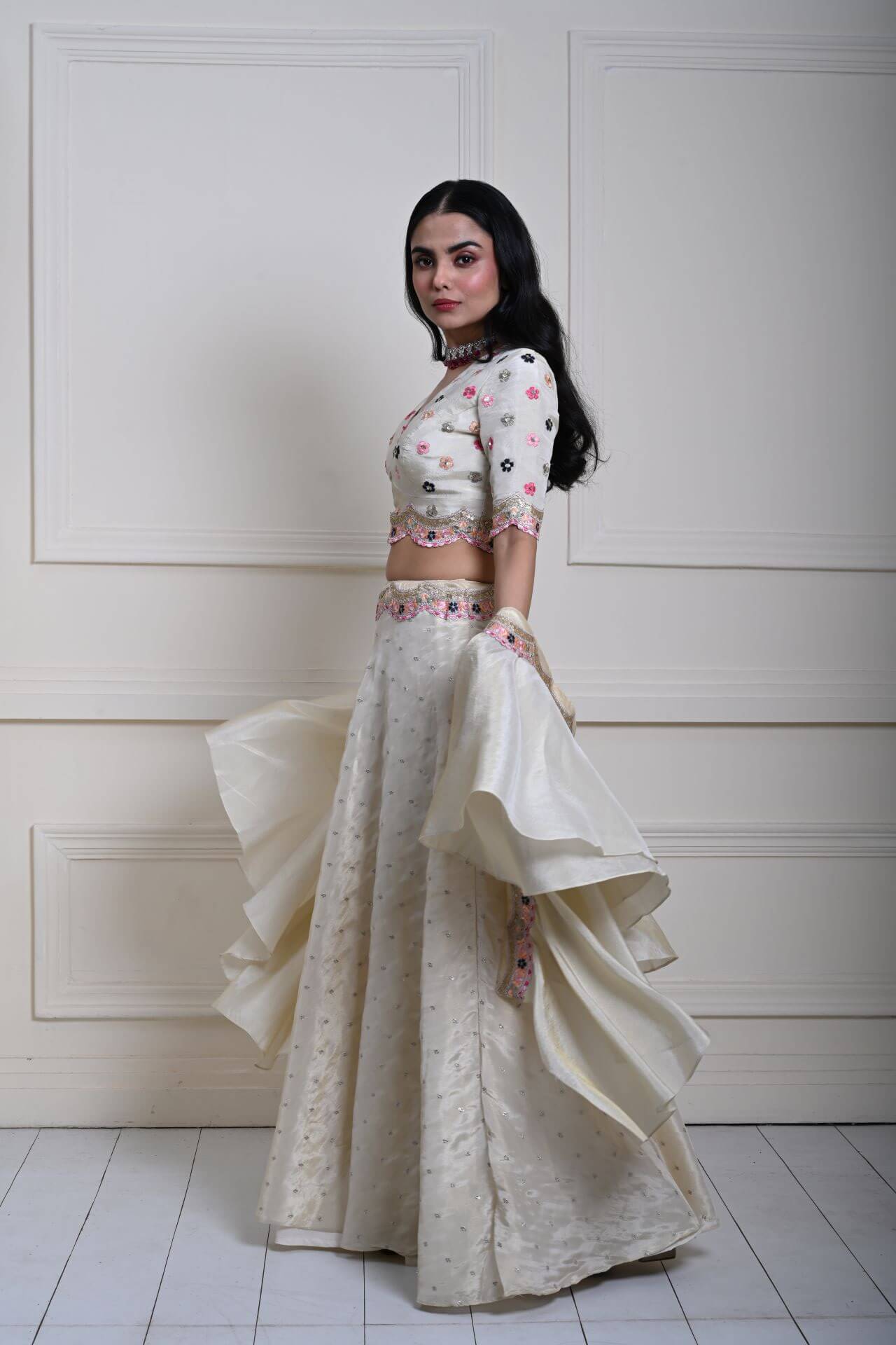 Ivory Silk Tissue Lehenga Set with Ruffle Dupatta, Hand-Embroidered Lehenga, Indian Bridal Wear