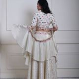 Ivory Silk Tissue Lehenga Set with Ruffle Dupatta, Hand-Embroidered Lehenga, Indian Bridal Wear