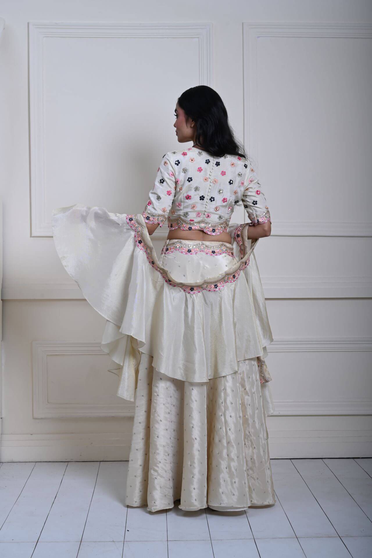 Ivory Silk Tissue Lehenga Set with Ruffle Dupatta, Hand-Embroidered Lehenga, Indian Bridal Wear