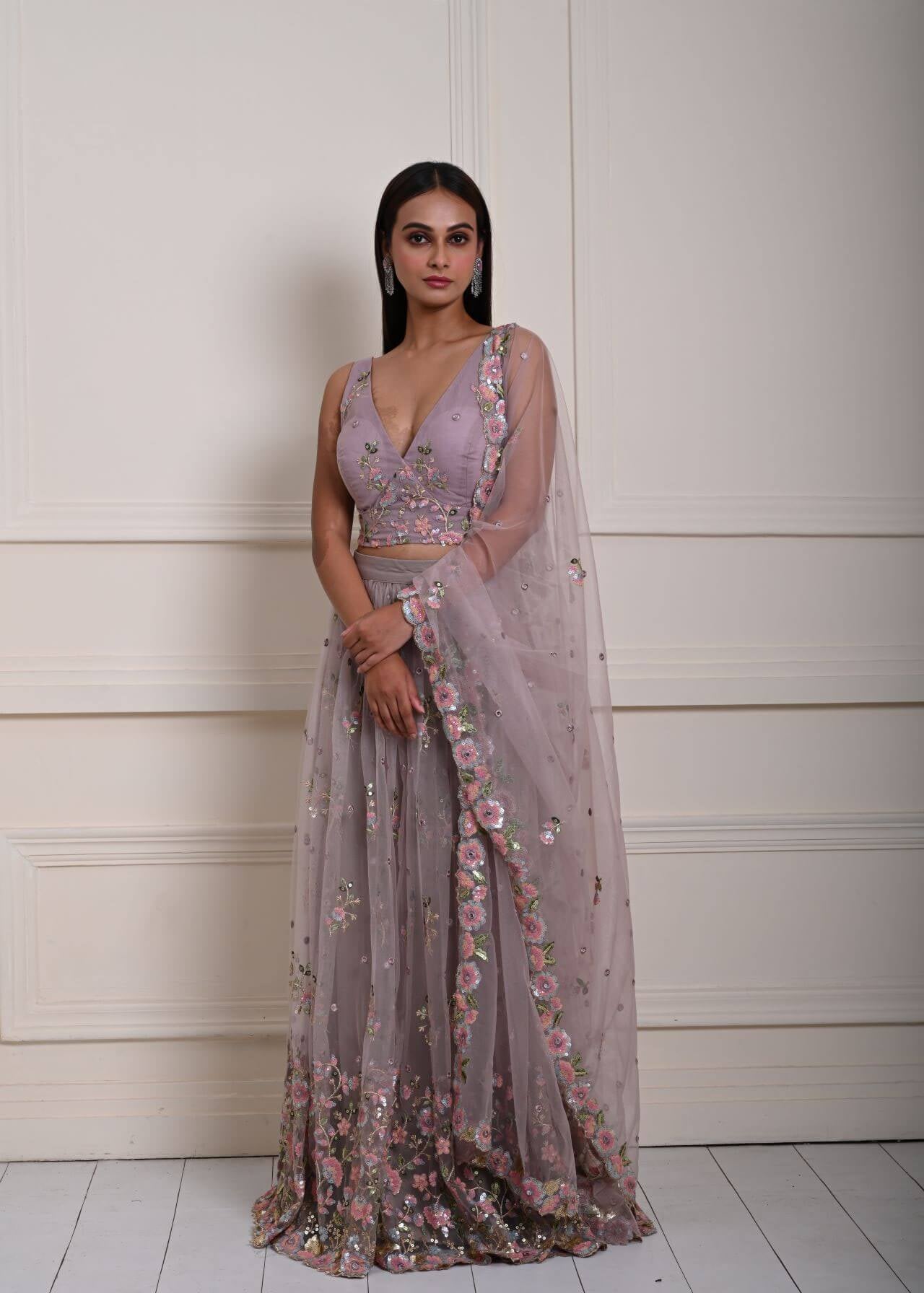 Mauve Floral Embroidered Bridesmaid Lehenga Set, Indian Wedding Wear, Bridal Lehenga