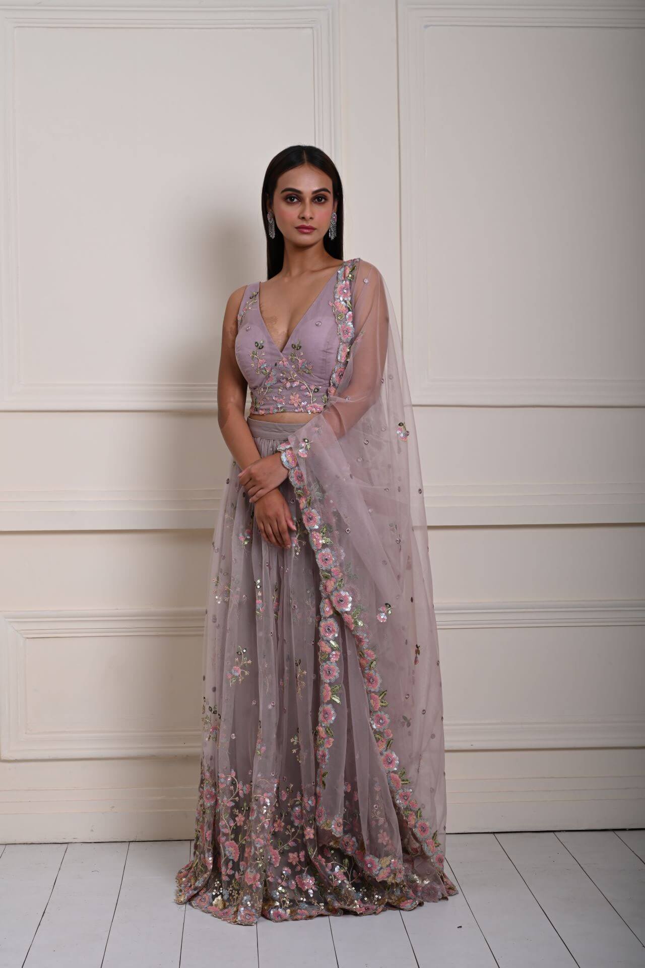 Mauve Floral Embroidered Bridesmaid Lehenga Set, Indian Wedding Wear, Bridal Lehenga