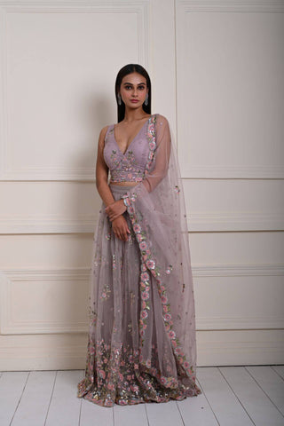 Mauve Bridesmaid Lehenga with Intricate Floral Embroidery