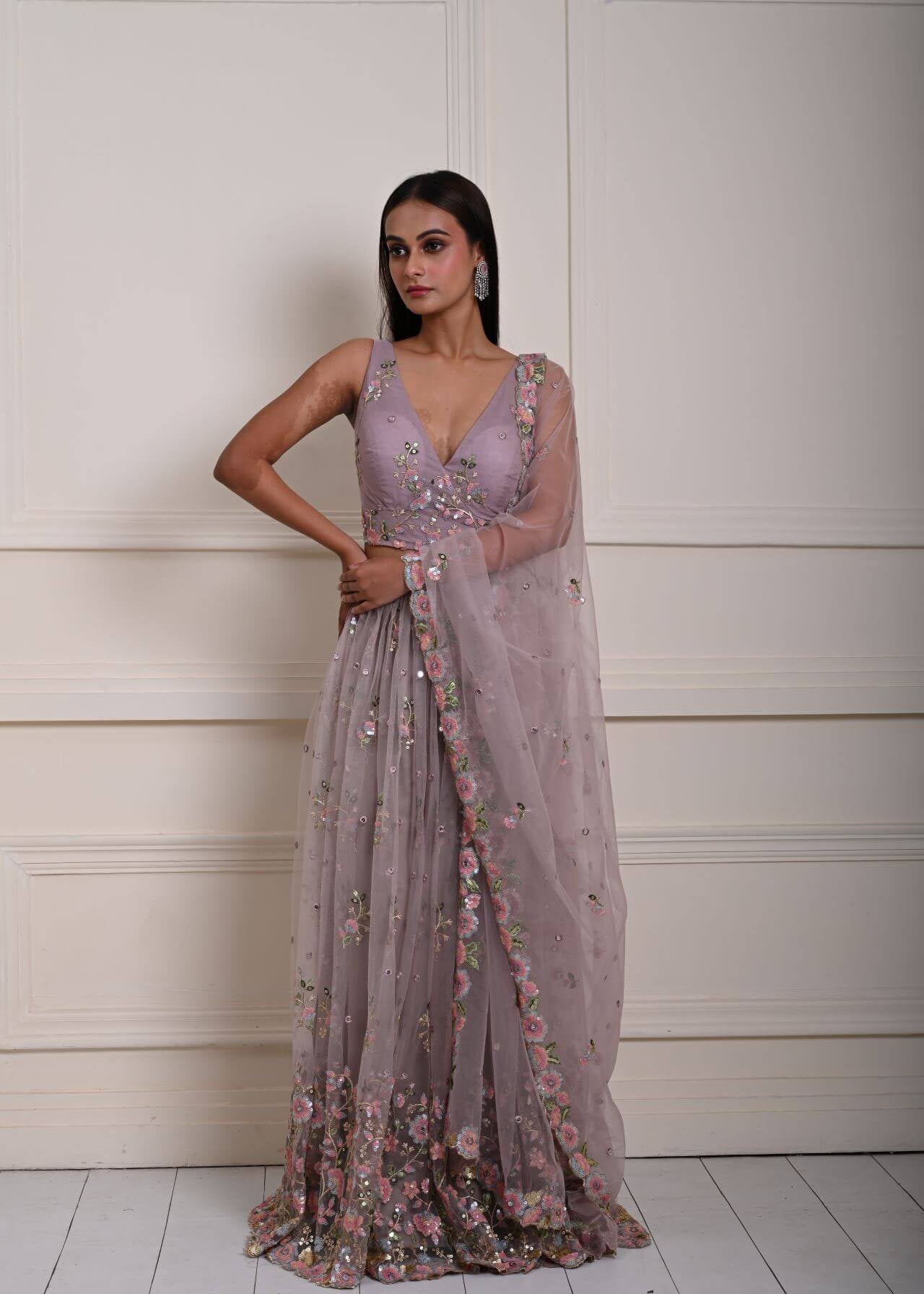 Mauve Floral Embroidered Bridesmaid Lehenga Set, Indian Wedding Wear, Bridal Lehenga