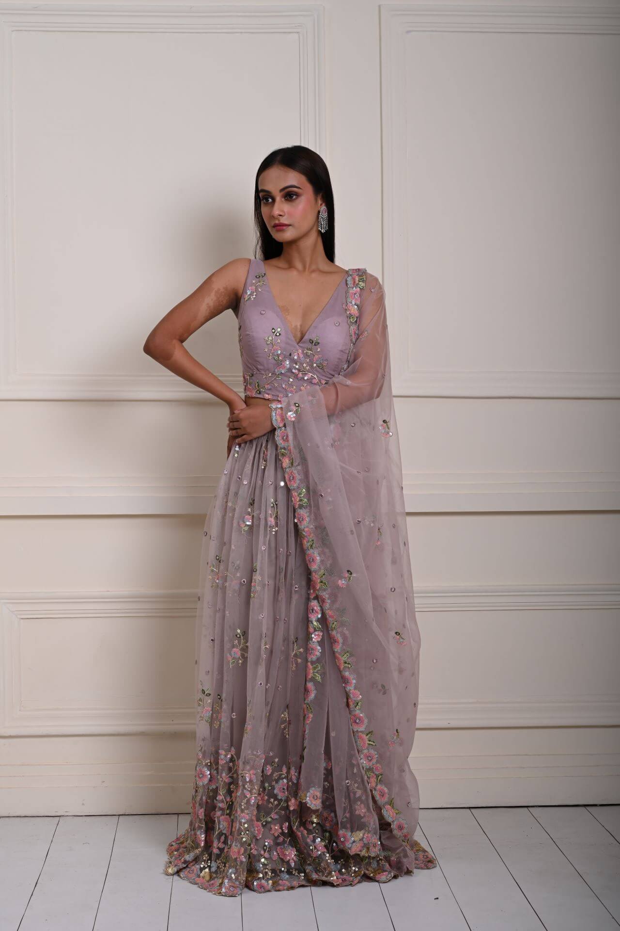 Mauve Floral Embroidered Bridesmaid Lehenga Set, Indian Wedding Wear, Bridal Lehenga