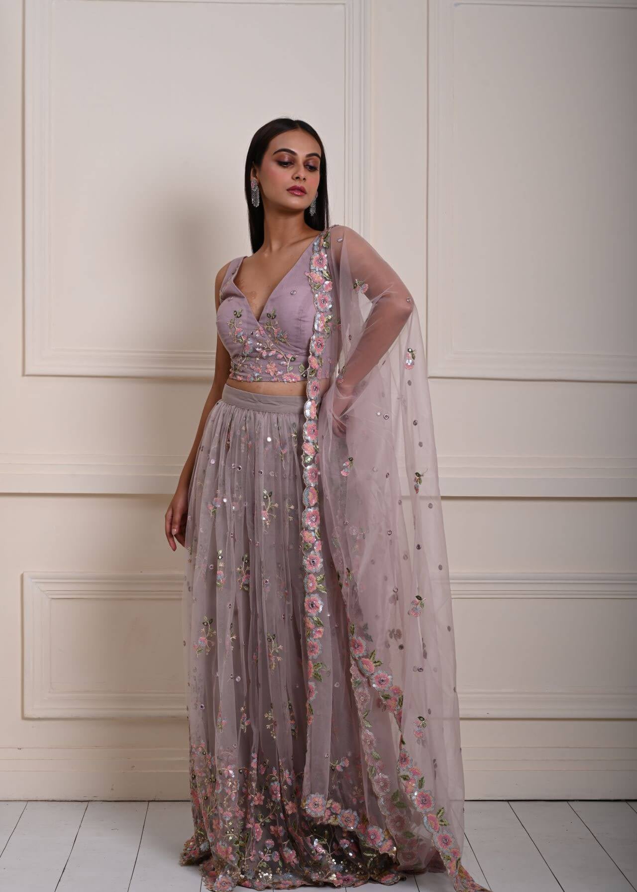 Mauve Bridesmaid Lehenga with Intricate Floral Embroidery