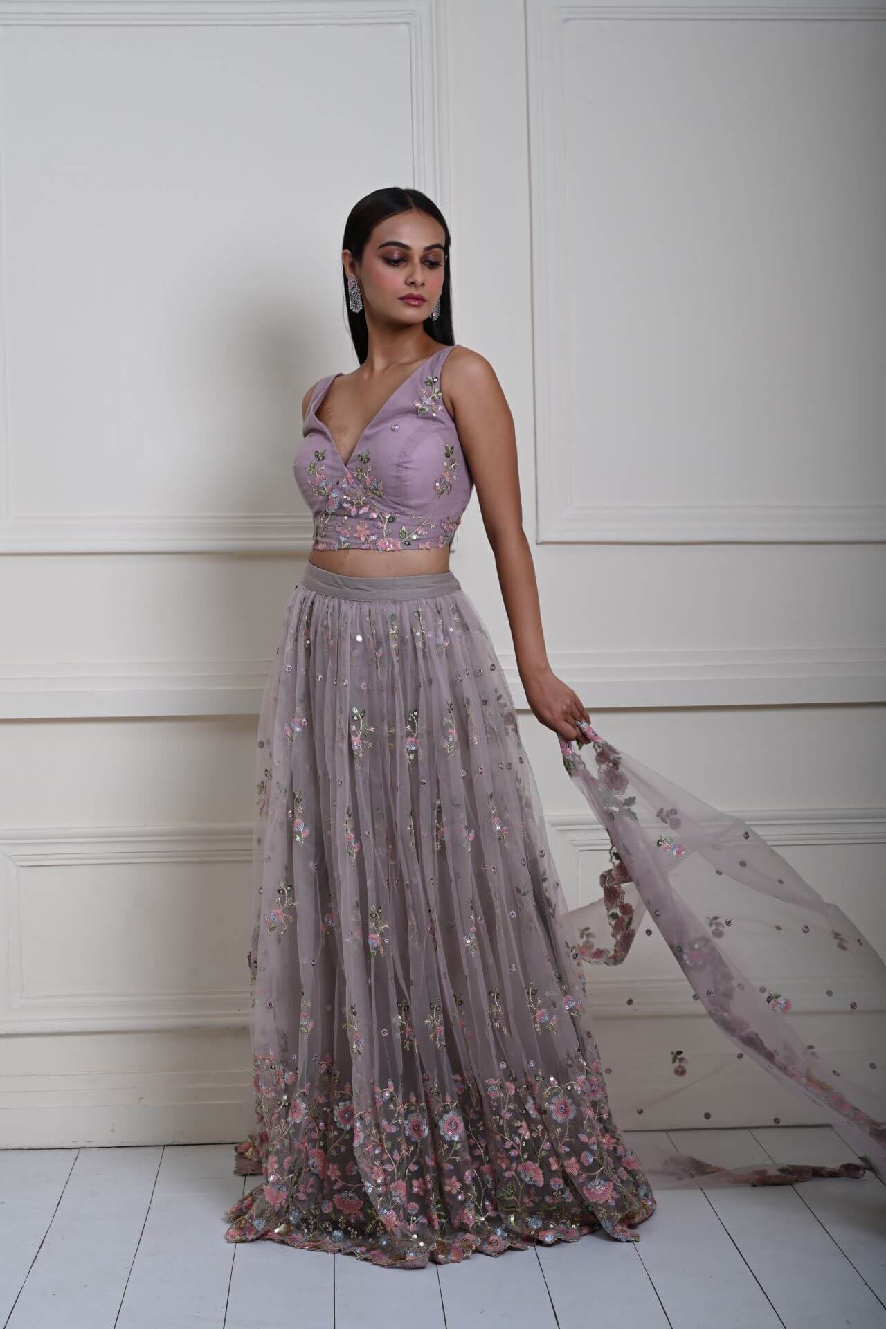 Mauve Floral Embroidered Bridesmaid Lehenga Set