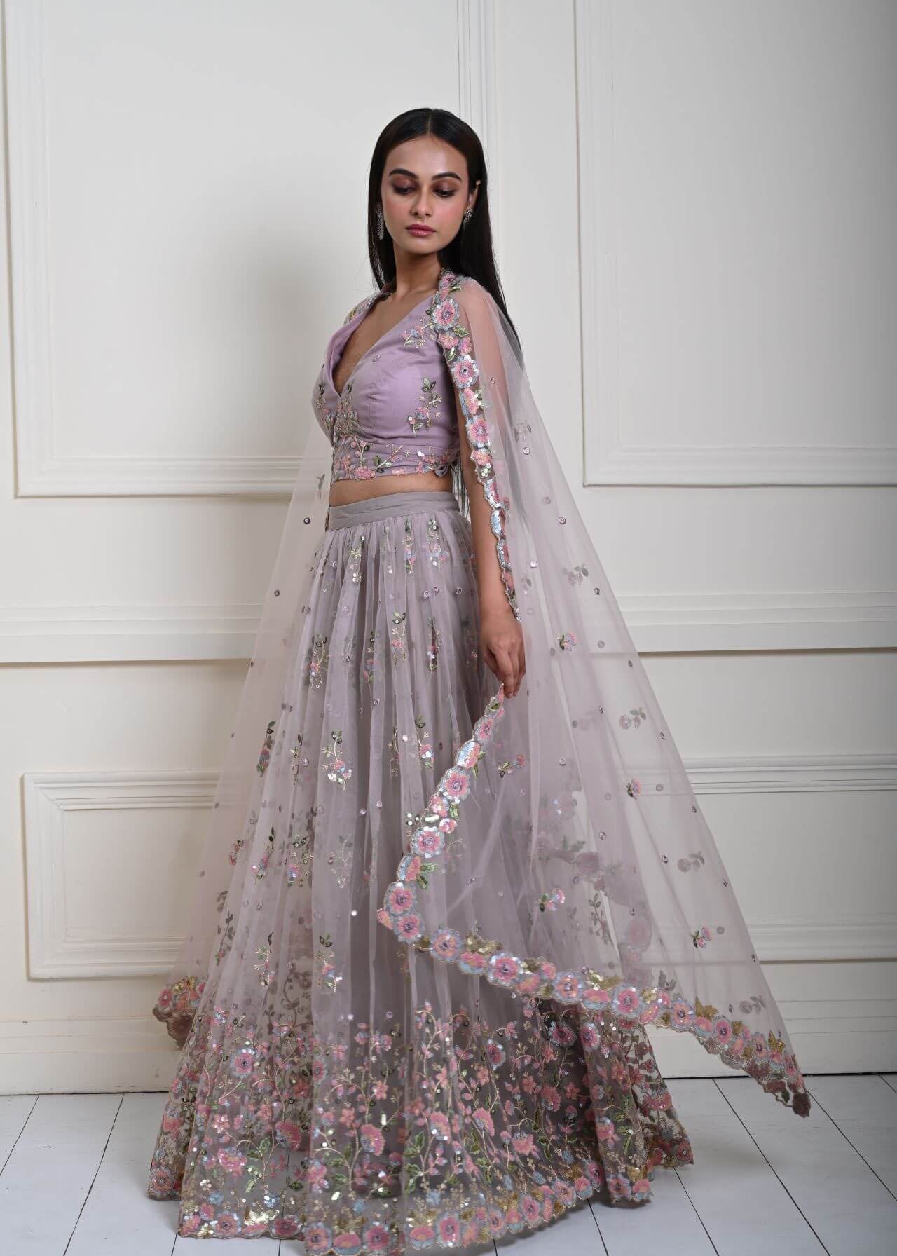 Mauve Bridesmaid Lehenga with Intricate Floral Embroidery