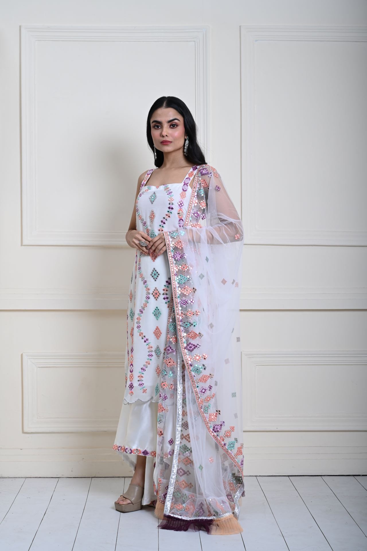 White Sharara Set with Multicolor Embroidery | Satin and Georgette