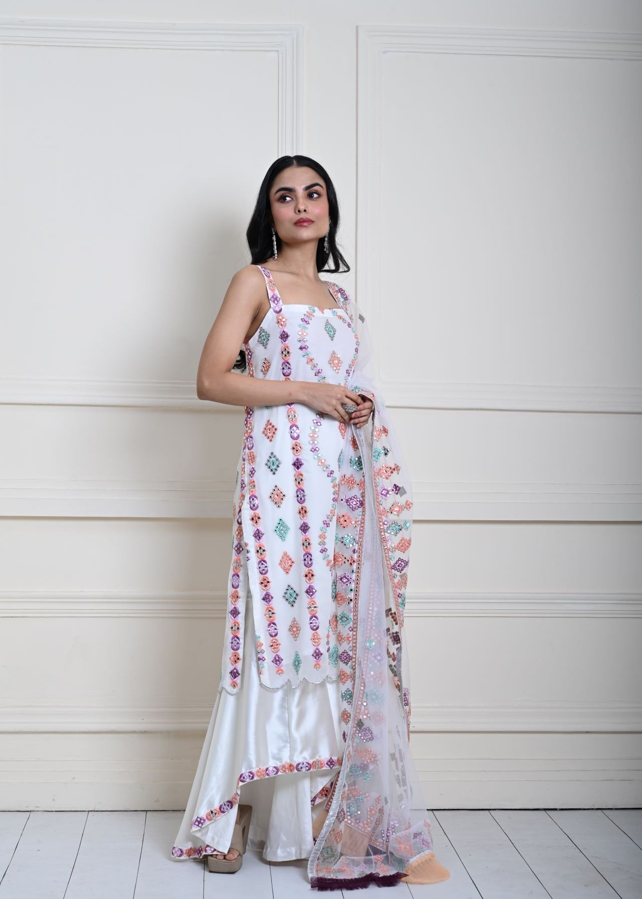 White Sharara Set with Multicolor Embroidery | Satin and Georgette