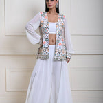 White Jacket Sharara Set, Multicolor Mirror Work Sharara, Indian Ethnic Wear