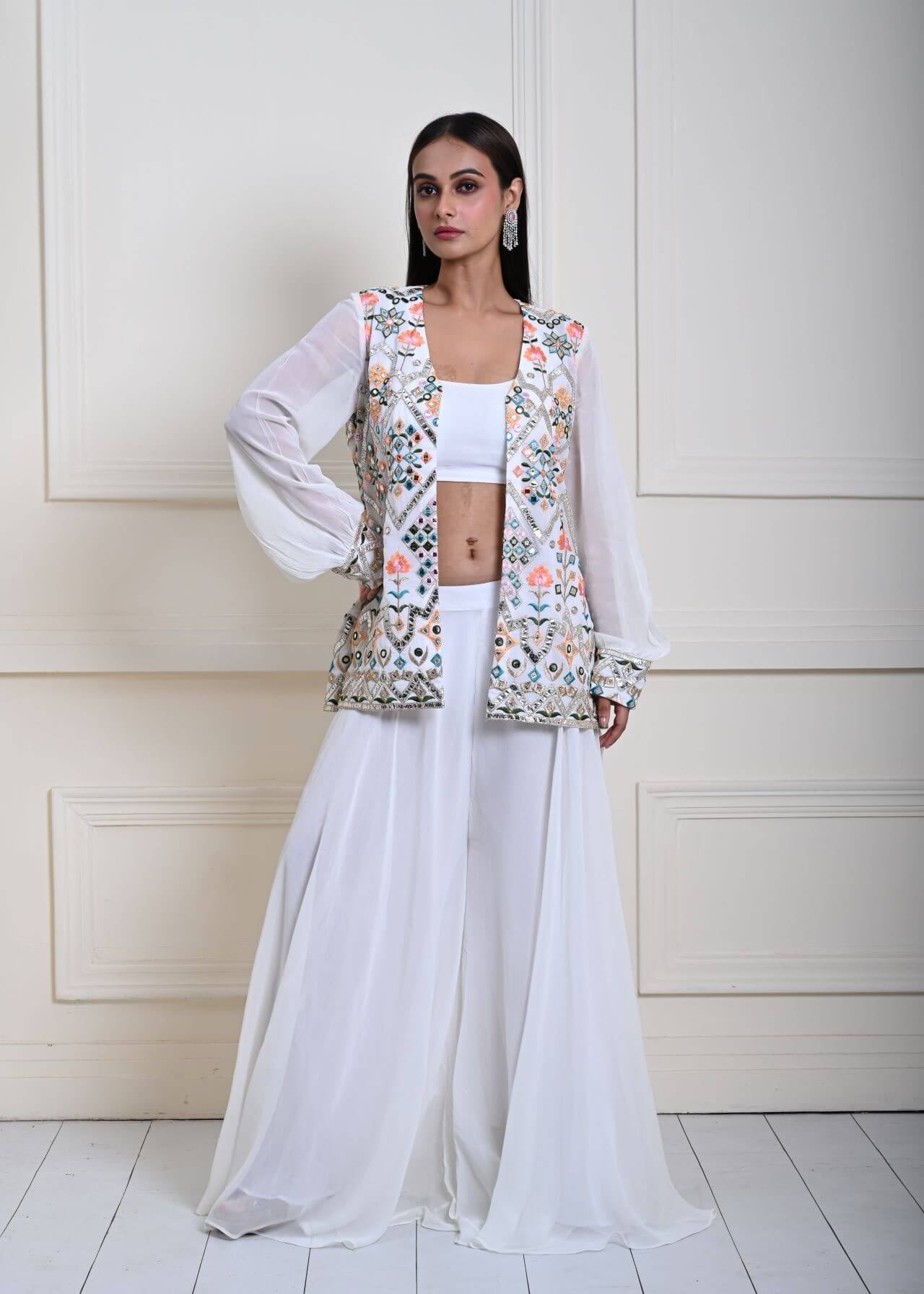 White Jacket Sharara Set, Multicolor Mirror Work Sharara, Indian Ethnic Wear