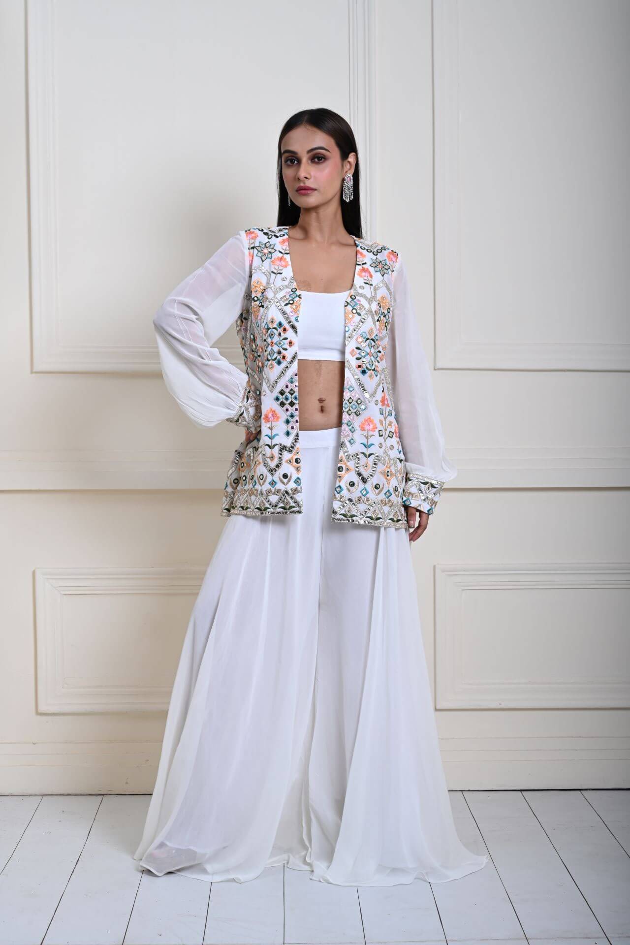 White Jacket Sharara Set, Multicolor Mirror Work Sharara, Indian Ethnic Wear