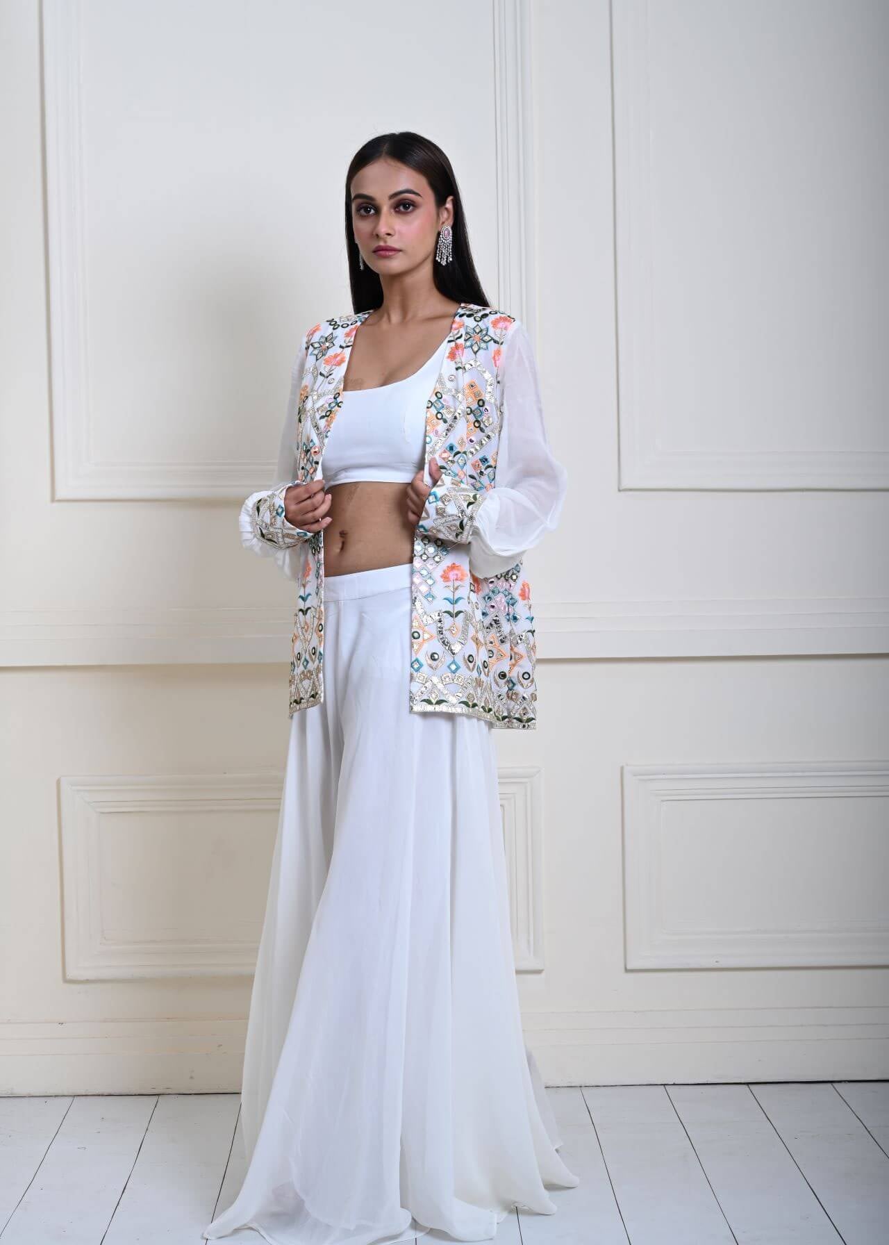 White Jacket Sharara Set with Multicolor Mirror Work | Georgette| Indian Ethnic Wear Sharara| 