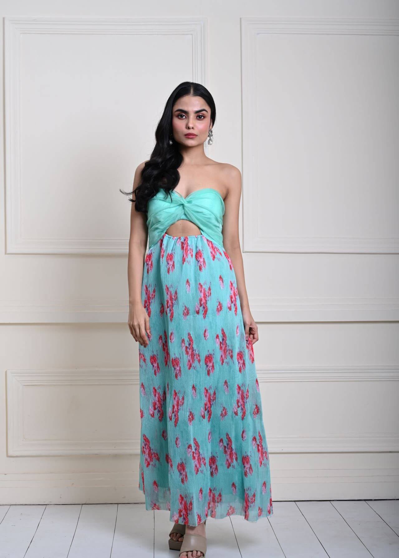 Sea Green Floral Maxi Dress for Women