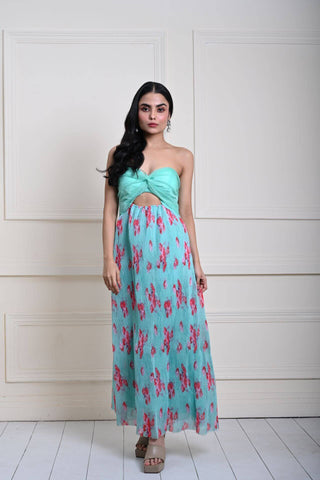 Sea Green Floral Maxi Dress in Pleated Chiffon