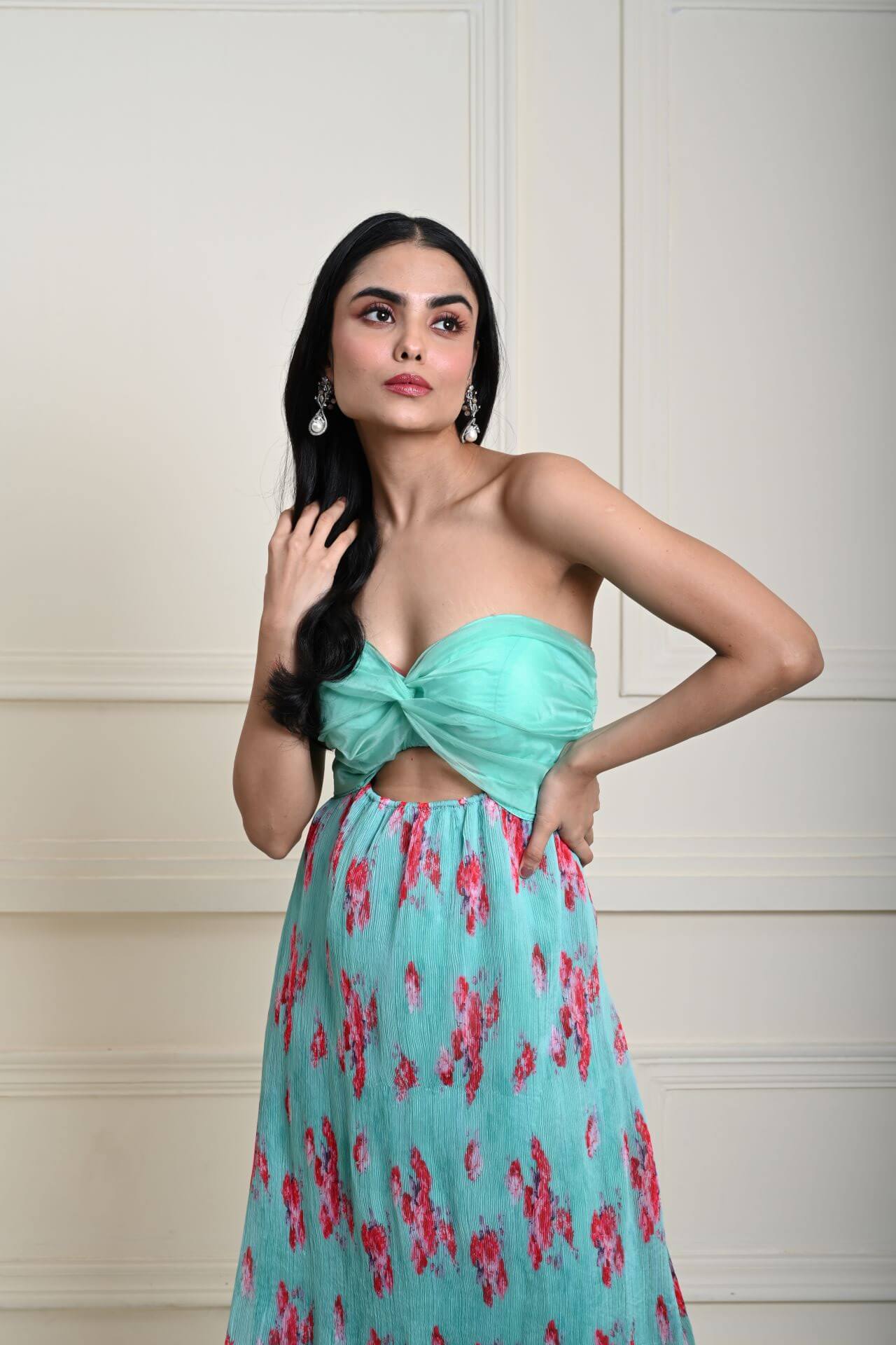 Sea Green Pleated Floral Chiffon Maxi Dress | Party Ready S Sea Green Pleated Floral Chiffon Maxi Dress | Party Ready S