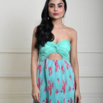 Sea Green Floral Maxi Dress - Elegant Pleated Chiffon for Women