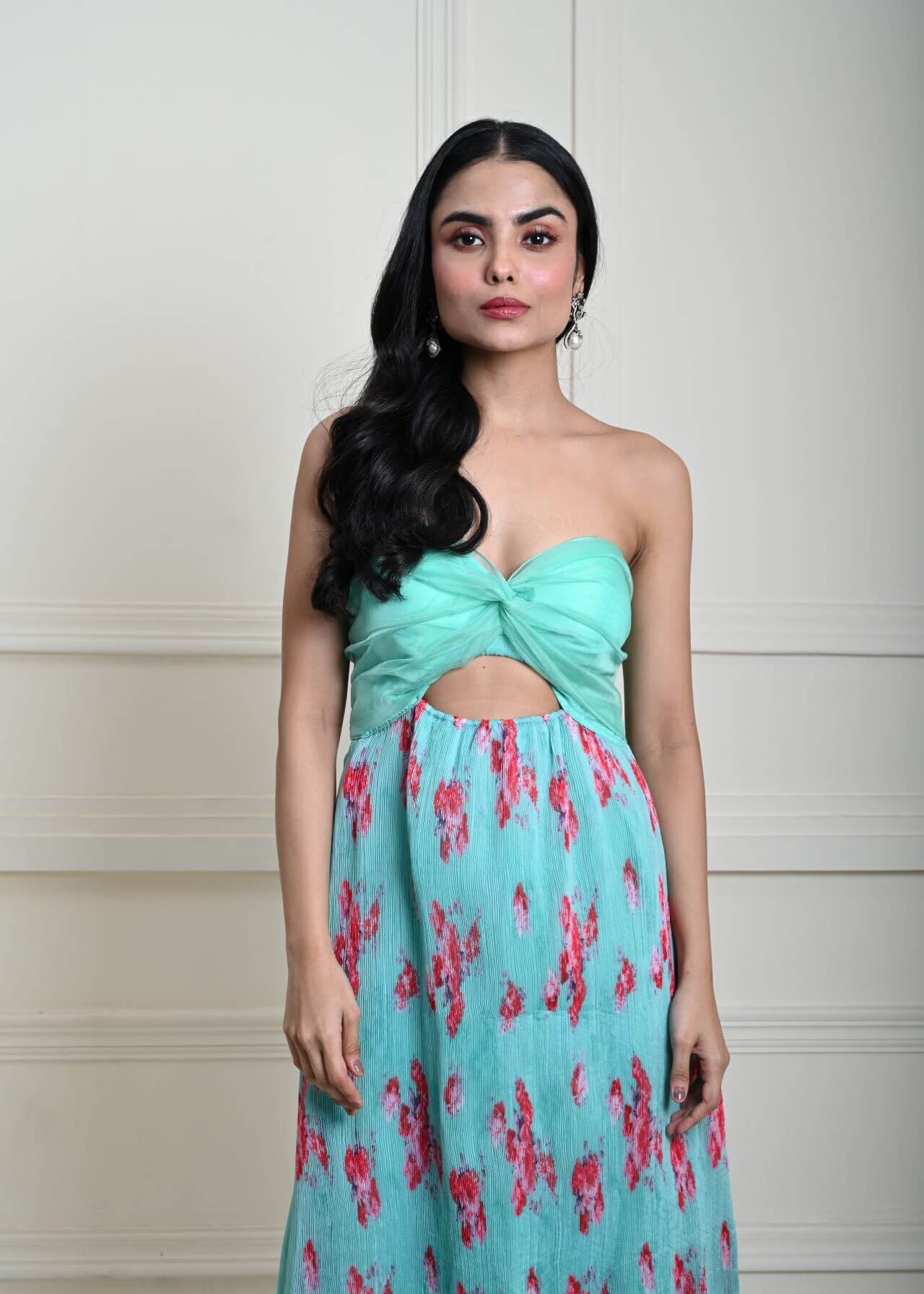 Sea Green Floral Maxi Dress - Elegant Pleated Chiffon for Women