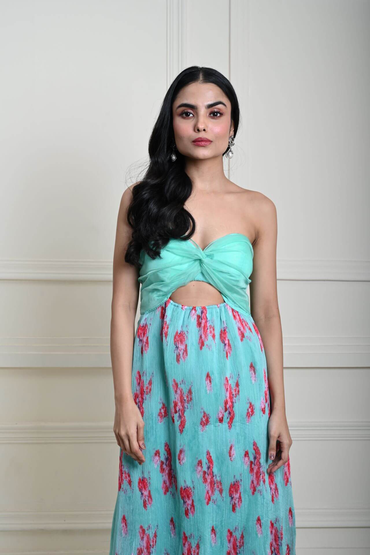 Sea Green Floral Maxi Dress - Elegant Pleated Chiffon for Women