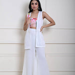 White Sharara Set with Jacket and Multicolor Embroidery Crop Top