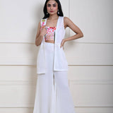 White Sharara Set with Jacket and Multicolor Embroidery Crop Top