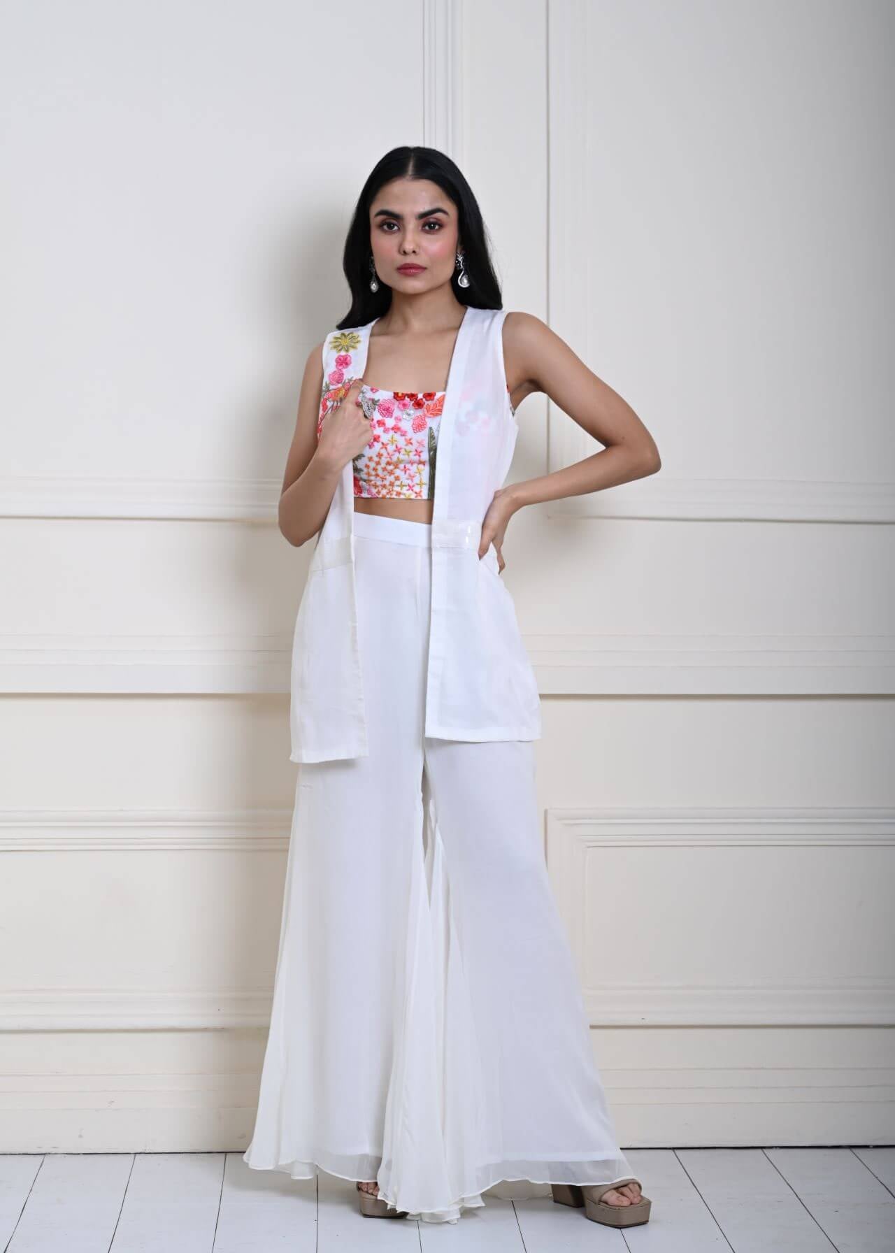 White Sharara Set with Jacket and Multicolor Embroidery Crop Top