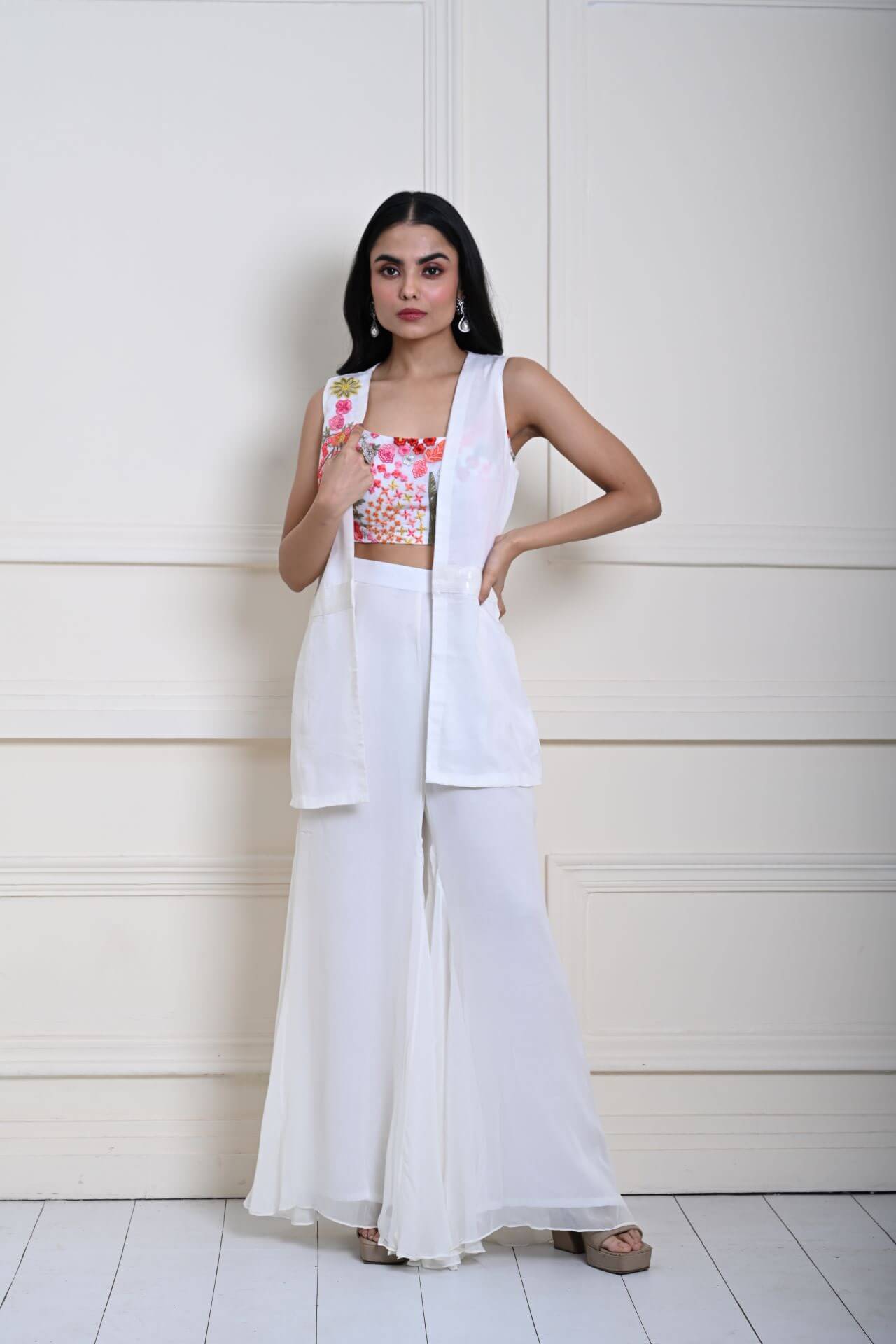 White Sharara Set with Jacket and Multicolor Embroidery Crop Top