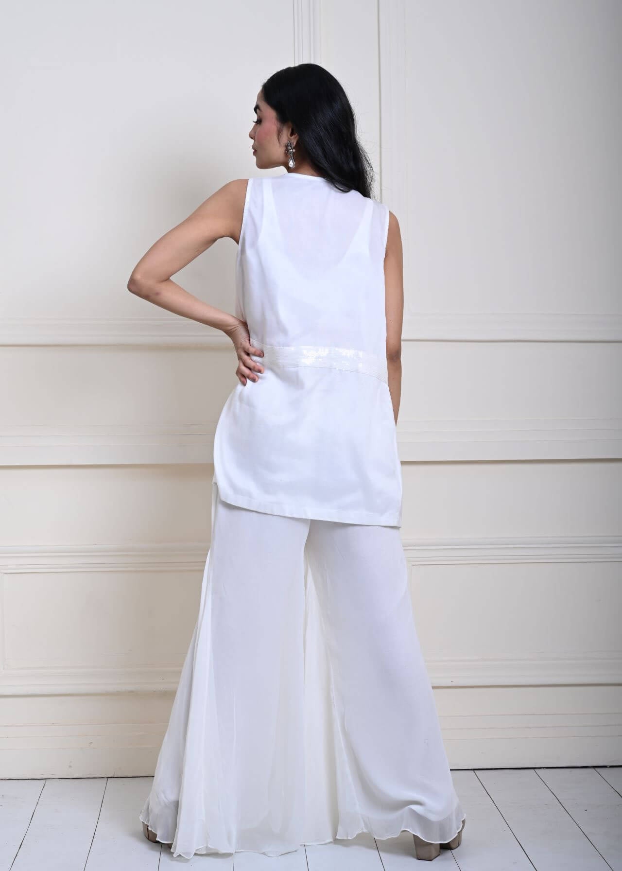 White Sharara Set with Jacket and Multicolor Embroidery Crop Top