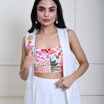 White Sharara Set with Jacket and Multicolor Embroidery Crop Top