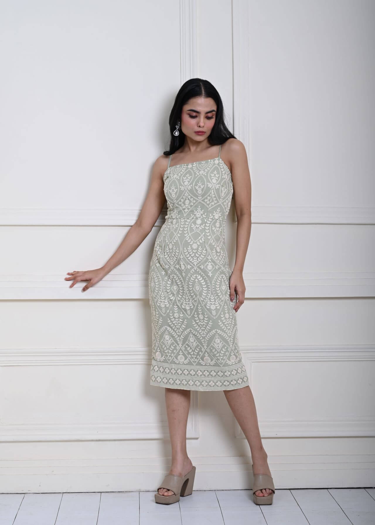 Mint Green Embroidered Midi Dress with Spaghetti Straps 